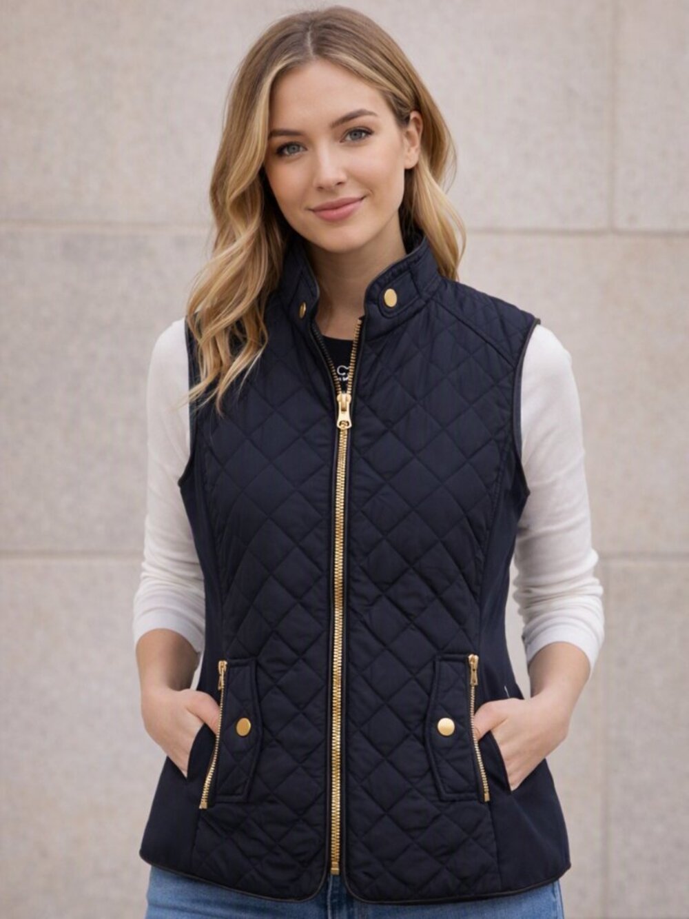 Cavalini Navy Blue Quilted Vest with Gold Zippers, Size-small. Like New.